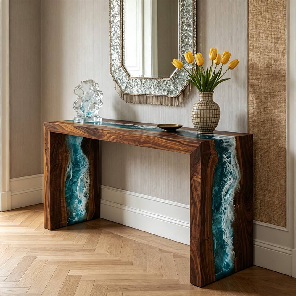Black walnut and ocean epoxy console table styled in a luxury entryway with modern interior design