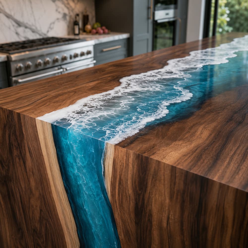 Custom ocean resin kitchen island dining table for a luxury modern kitchen