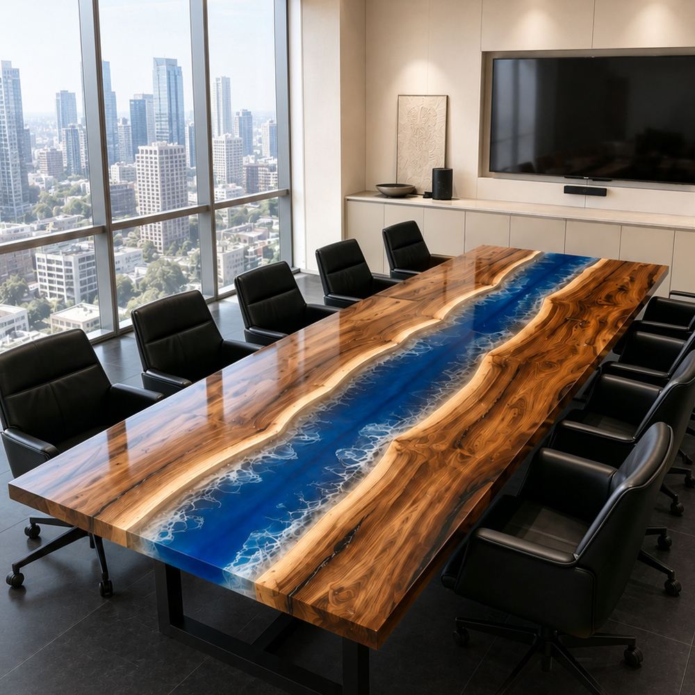 Black walnut conference table with ocean blue epoxy river and coastal-inspired detailing