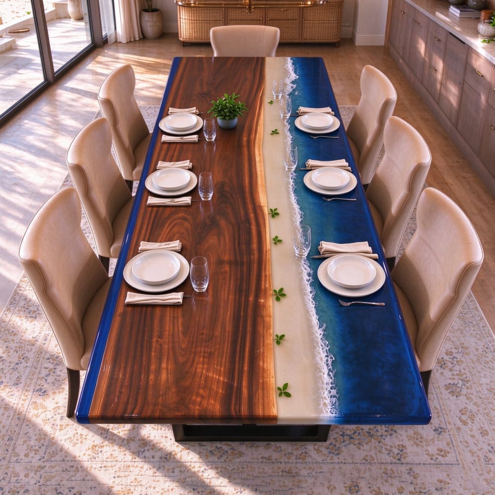 Custom black walnut ocean resin dining table set with elegant chairs in a brightly lit modern dining room.