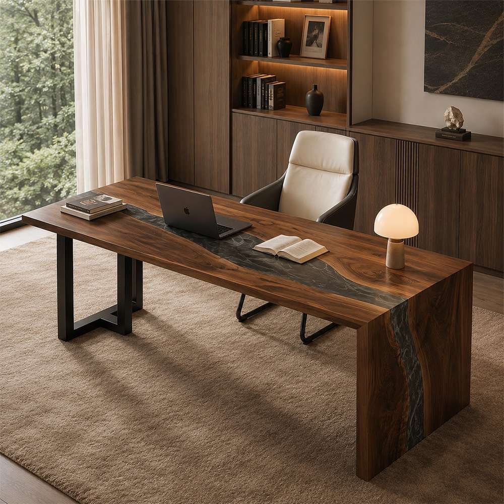 Black walnut office table with dark gray epoxy resin inlay and waterfall leg