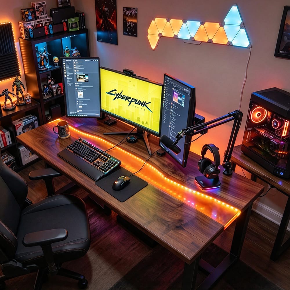 Handmade black walnut live edge orange epoxy river gaming desk with LED lights, triple monitor PC battlestation setup