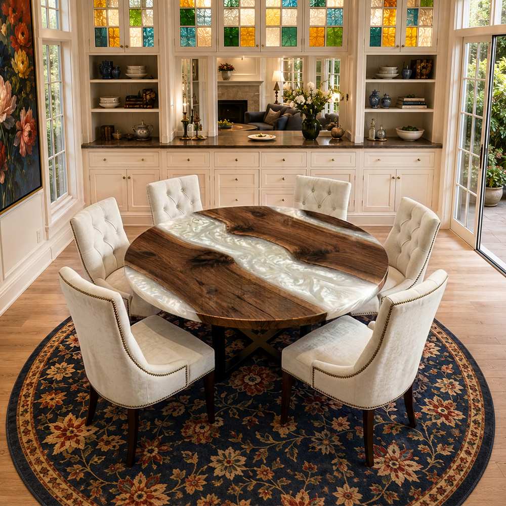 Handcrafted black walnut pearl white epoxy dining table with a round resin river design in a luxury dining room