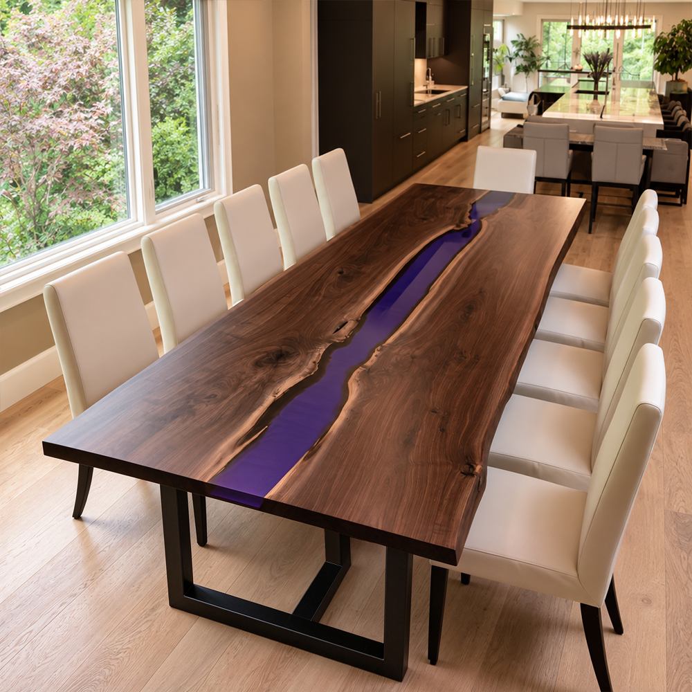 Black Walnut dining table with a vivid purple epoxy river in a bright modern dining room