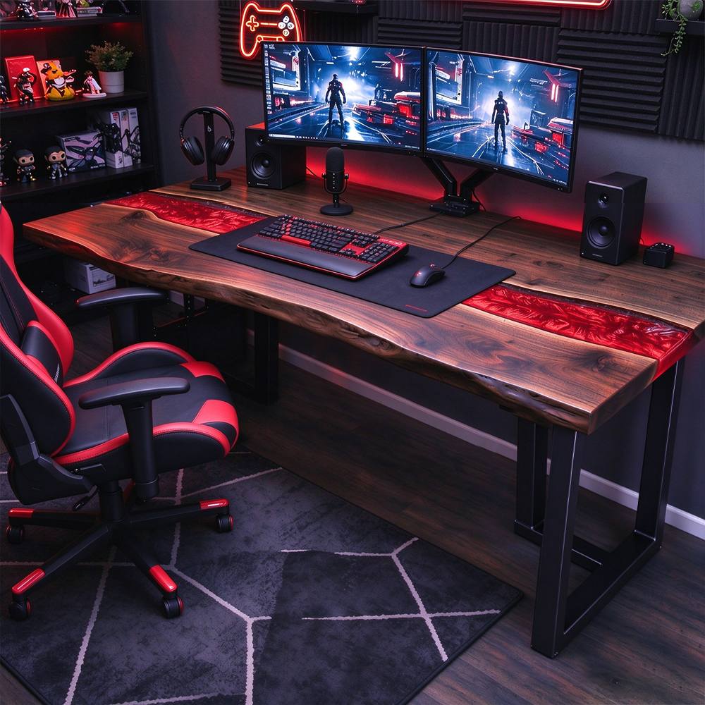 Black walnut gaming desk with red epoxy resin accents, natural live edge, black metal legs, and a dual-monitor PC gaming setup.