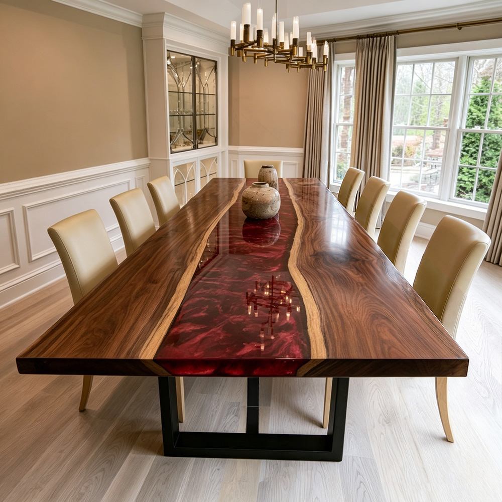 Handcrafted walnut dining table featuring a deep red resin river with a polished finish and natural wood grain
