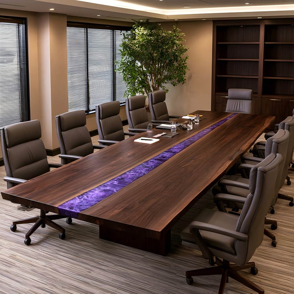 Black Walnut resin meeting table with a luminous purple epoxy centerline