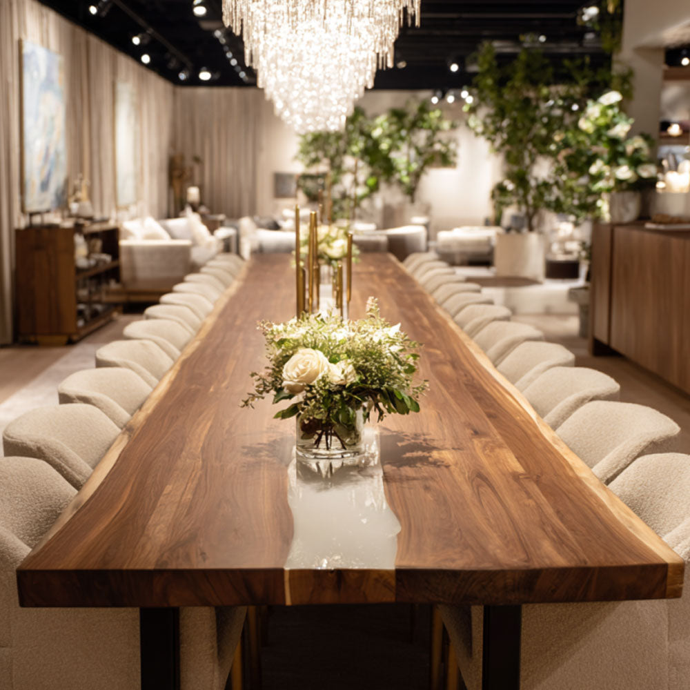 Custom black walnut river banquet table with clear epoxy resin centerpiece and live edge design