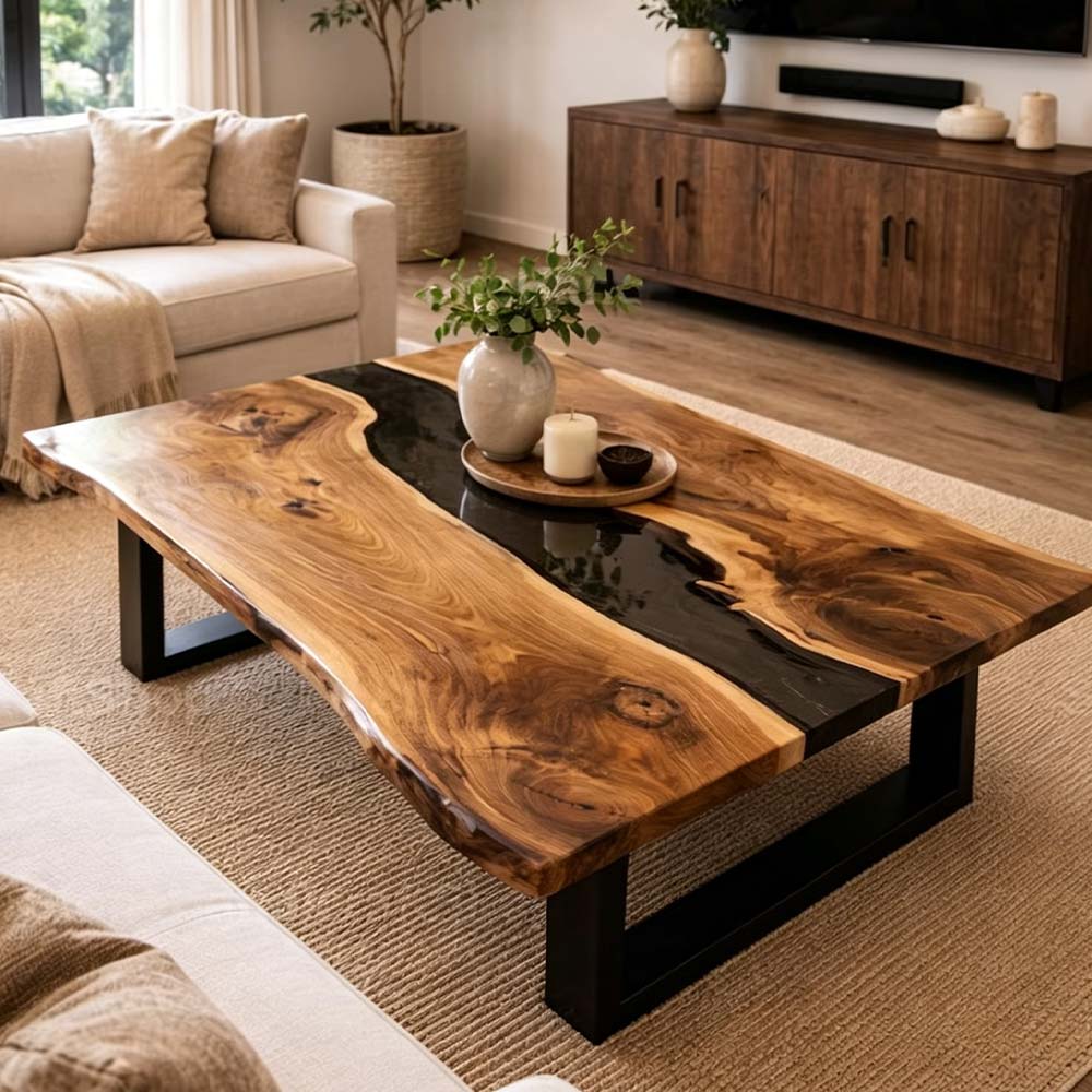 Black walnut epoxy river coffee table with black resin and live edge design