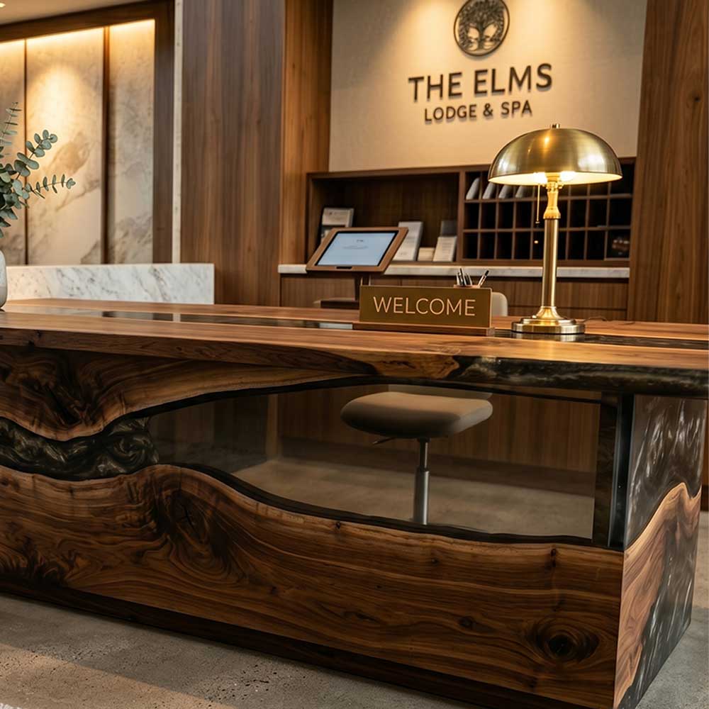 Custom black walnut river reception desk with black epoxy resin and waterfall design