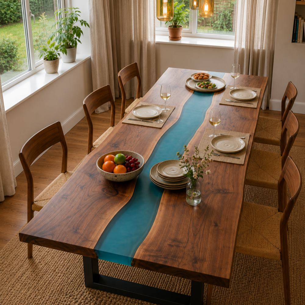 Black walnut river table for a lake house dining room with muted blue epoxy and a clean black metal frame base