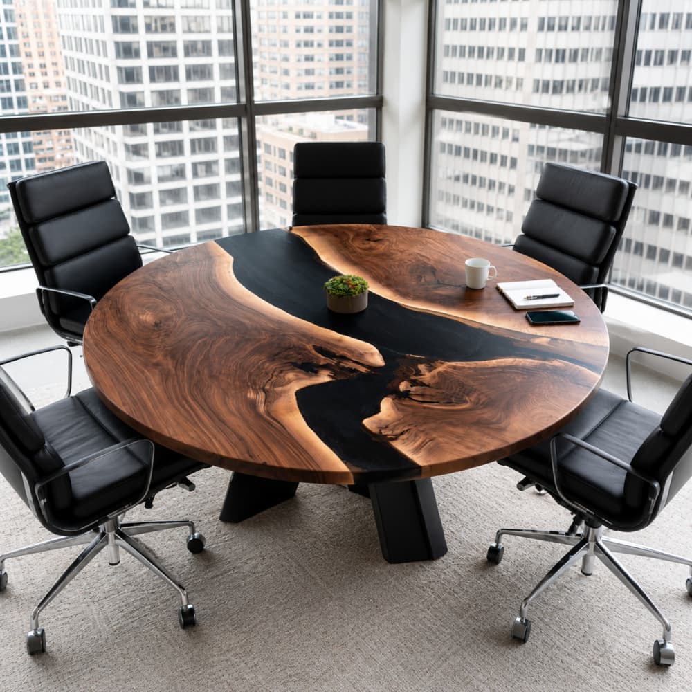 Black walnut round conference table in a high-rise city office with black chairs, natural wood grain, and a dark resin center