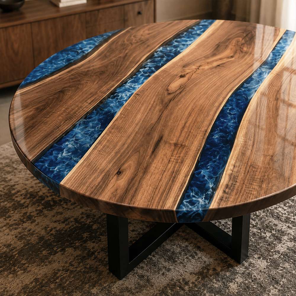 Custom circular wood and epoxy table sized for four to six person dining with a balanced round table layout