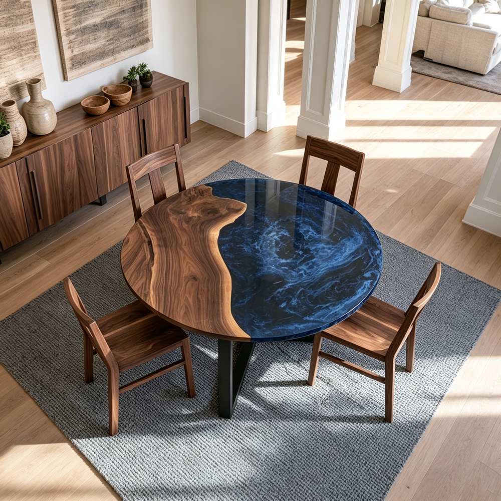 Handcrafted circular walnut dining table featuring a flowing blue resin centerpiece and contemporary pedestal base