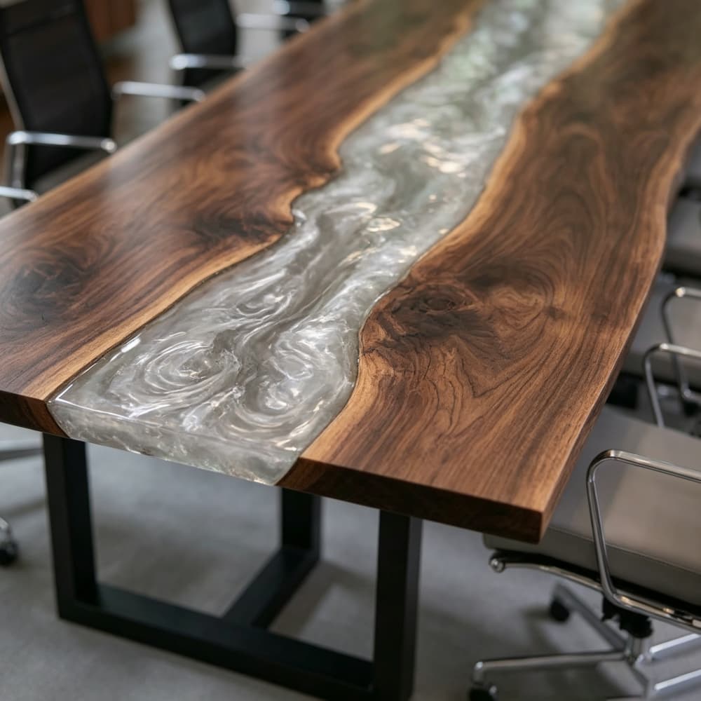 Custom walnut epoxy conference table for modern offices, featuring silver swirl resin and natural live edge hardwood slabs