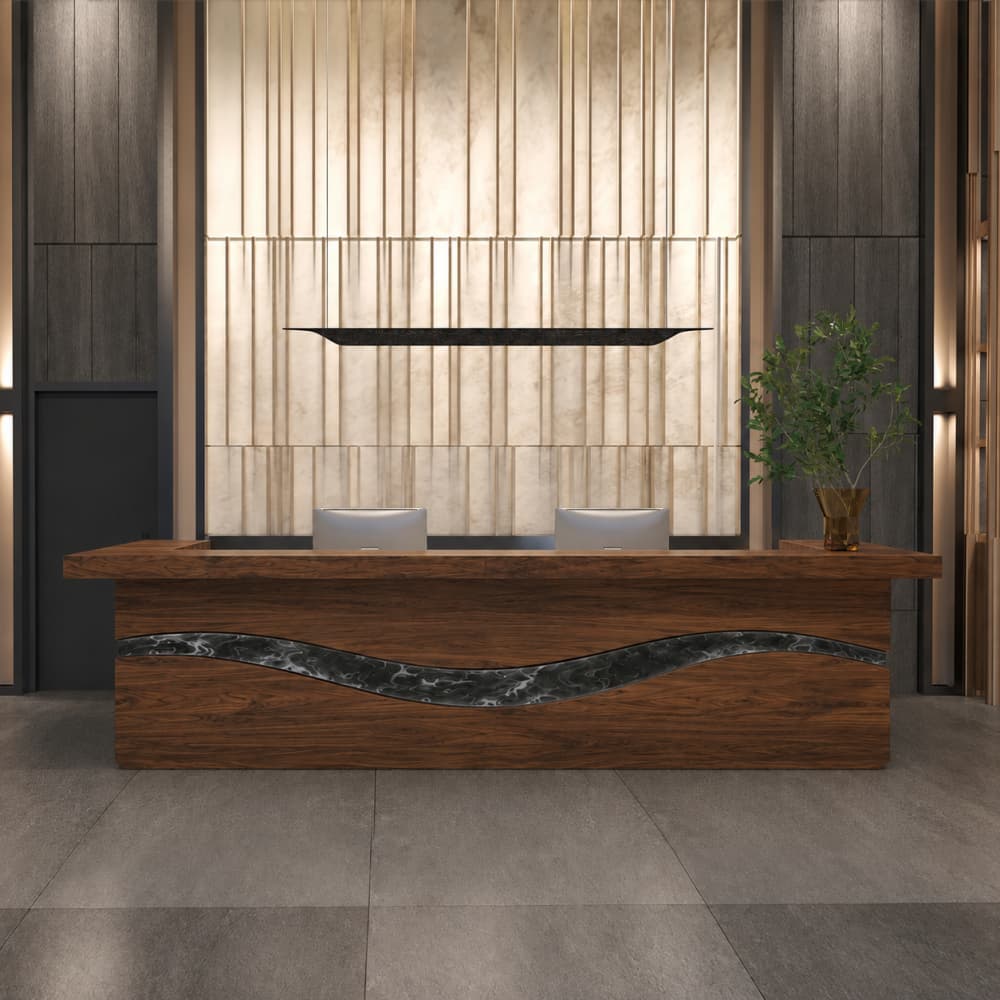 Black walnut reception desk with titanium silver resin wave detail in a luxury lobby