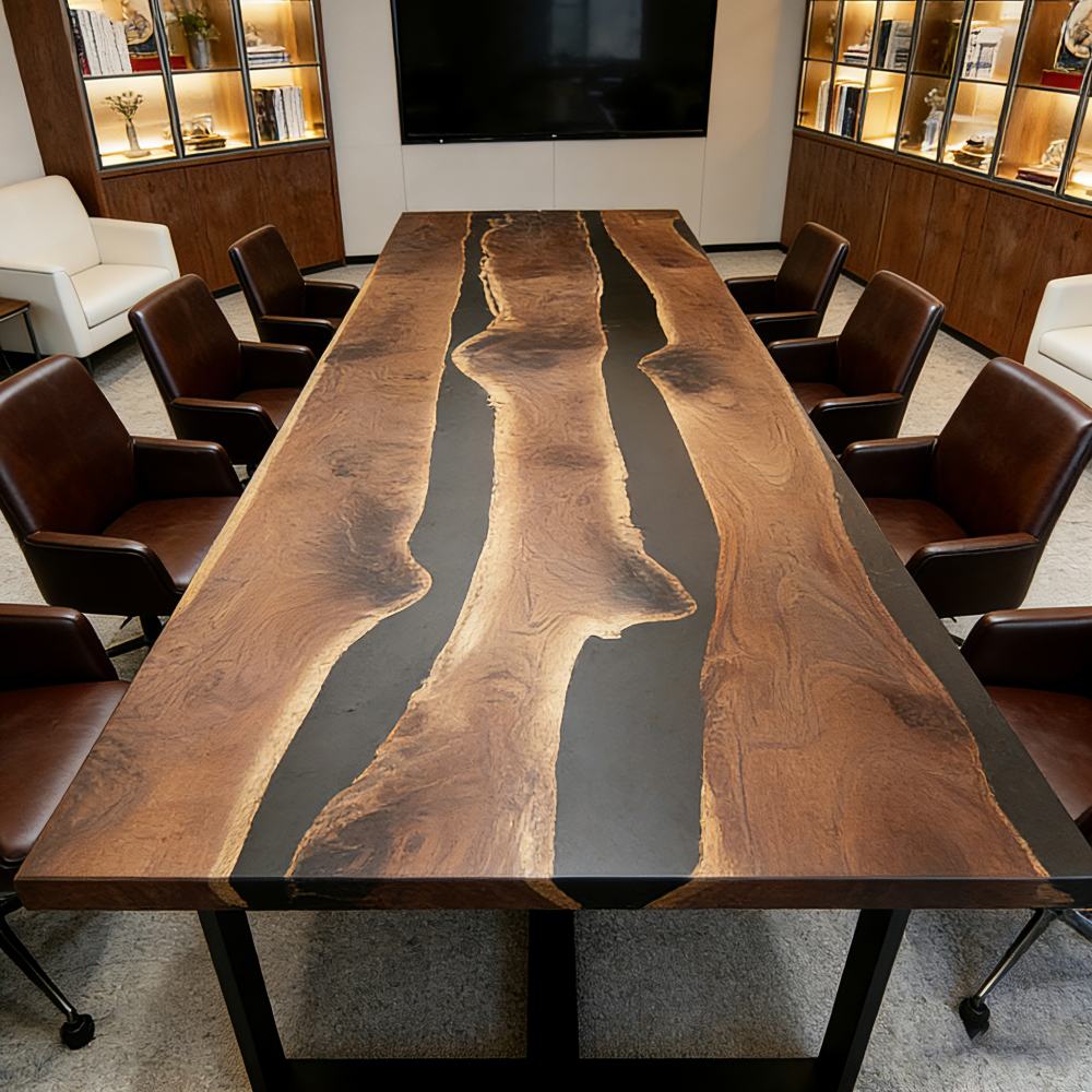 A masterful handcrafted conference table showcasing matched walnut slabs and a deep, luminous blue epoxy resin river, serving as an architectural centerpiece.