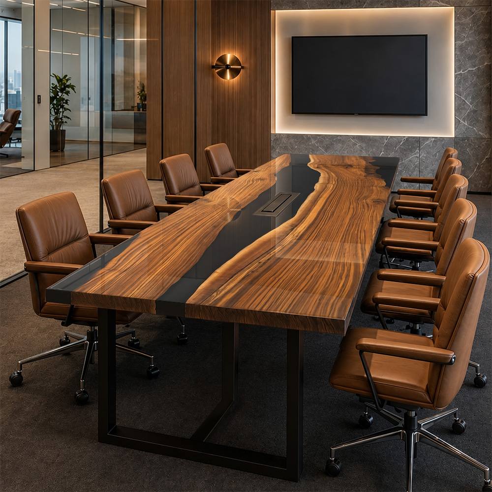 Premium black walnut smart-ready furniture piece positioned in a high-end corporate boardroom