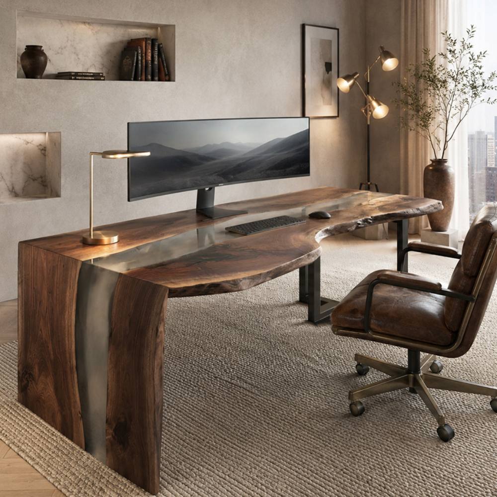 Black walnut smoked gray epoxy executive desk with live edge top and modern waterfall side for a luxury office