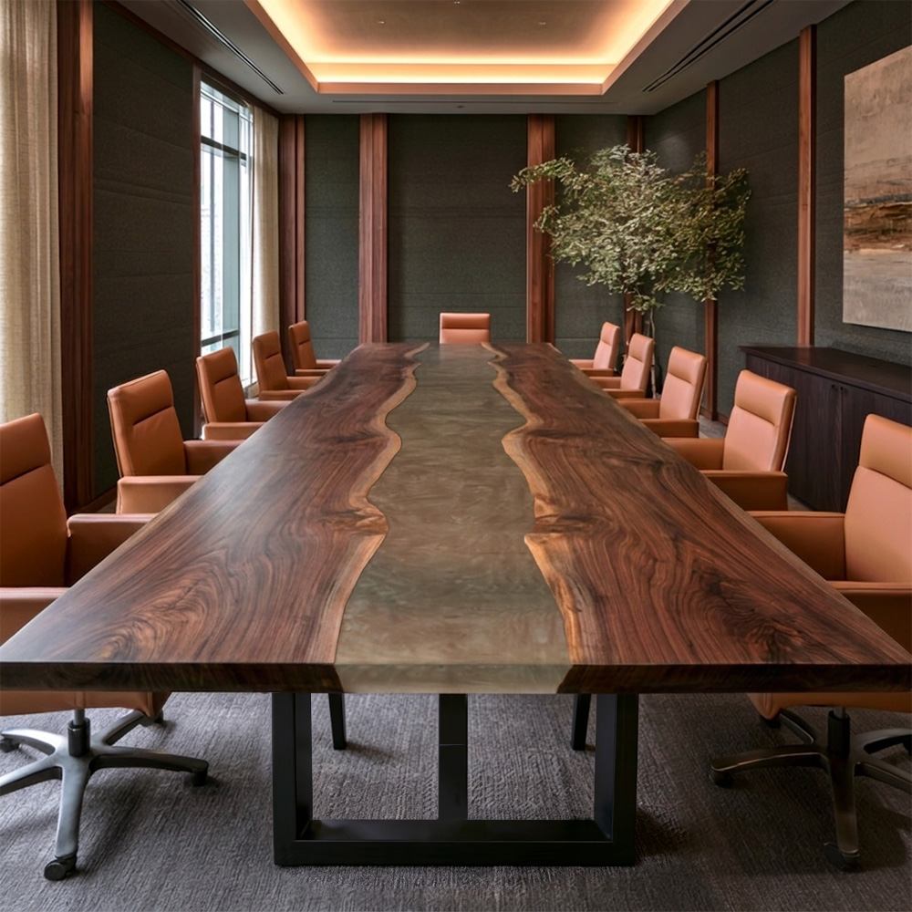 Black walnut square edge gray resin river conference table for executive boardroom