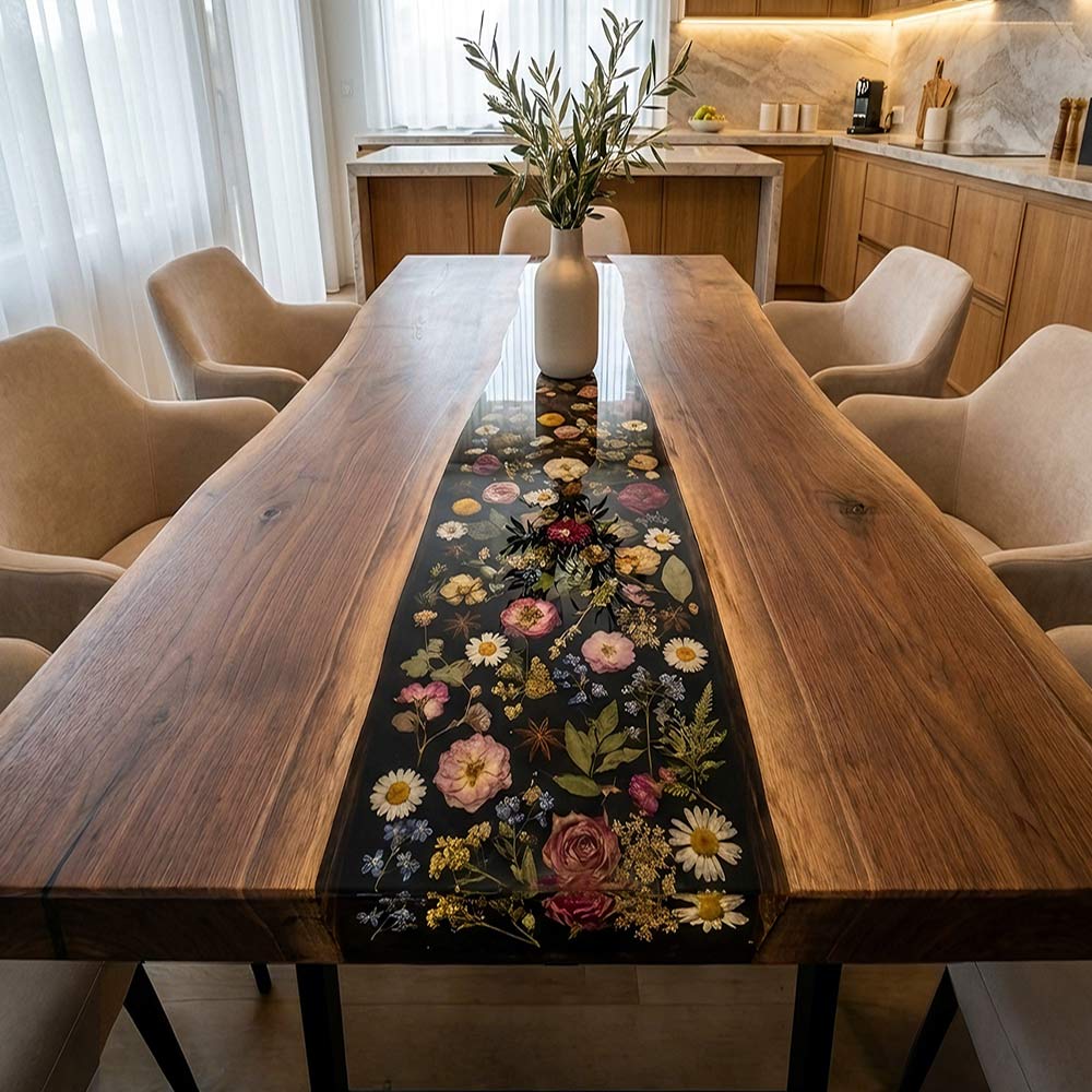 Luxury walnut dining table featuring a decorative floral resin centerpiece.