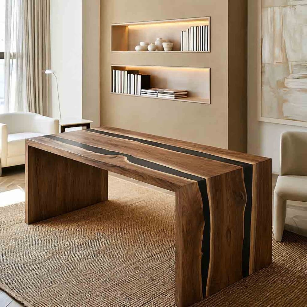 Black walnut executive office desk with translucent black resin and waterfall legs