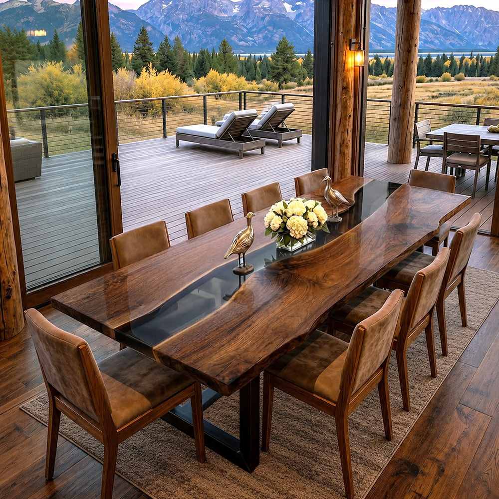 Custom black walnut epoxy dining table with a transparent black resin river and live edges in a luxury mountain home