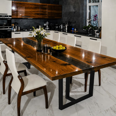 Modern Luxury Dining Table & Black Walnut Transparent Black Epoxy River Design | DT-18