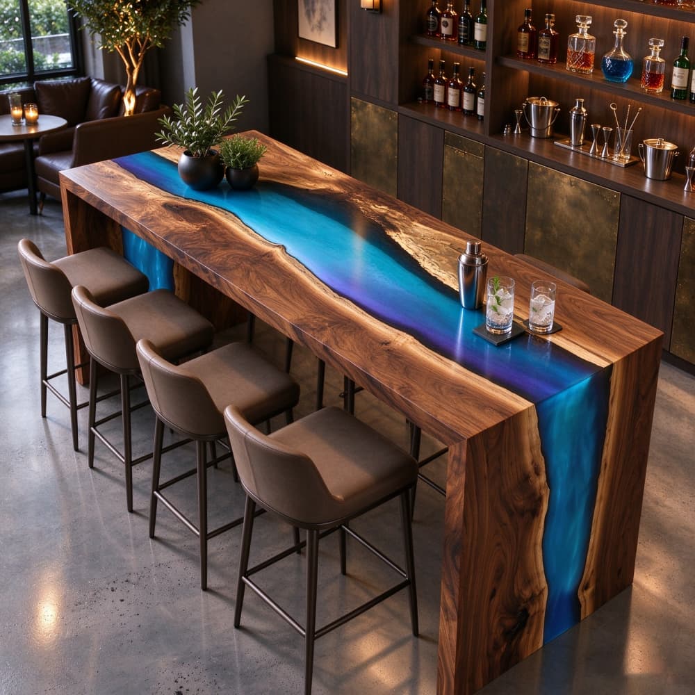 Handmade black walnut river bar counter with twilight blue purple flowing epoxy resin inside a custom luxury home wet bar