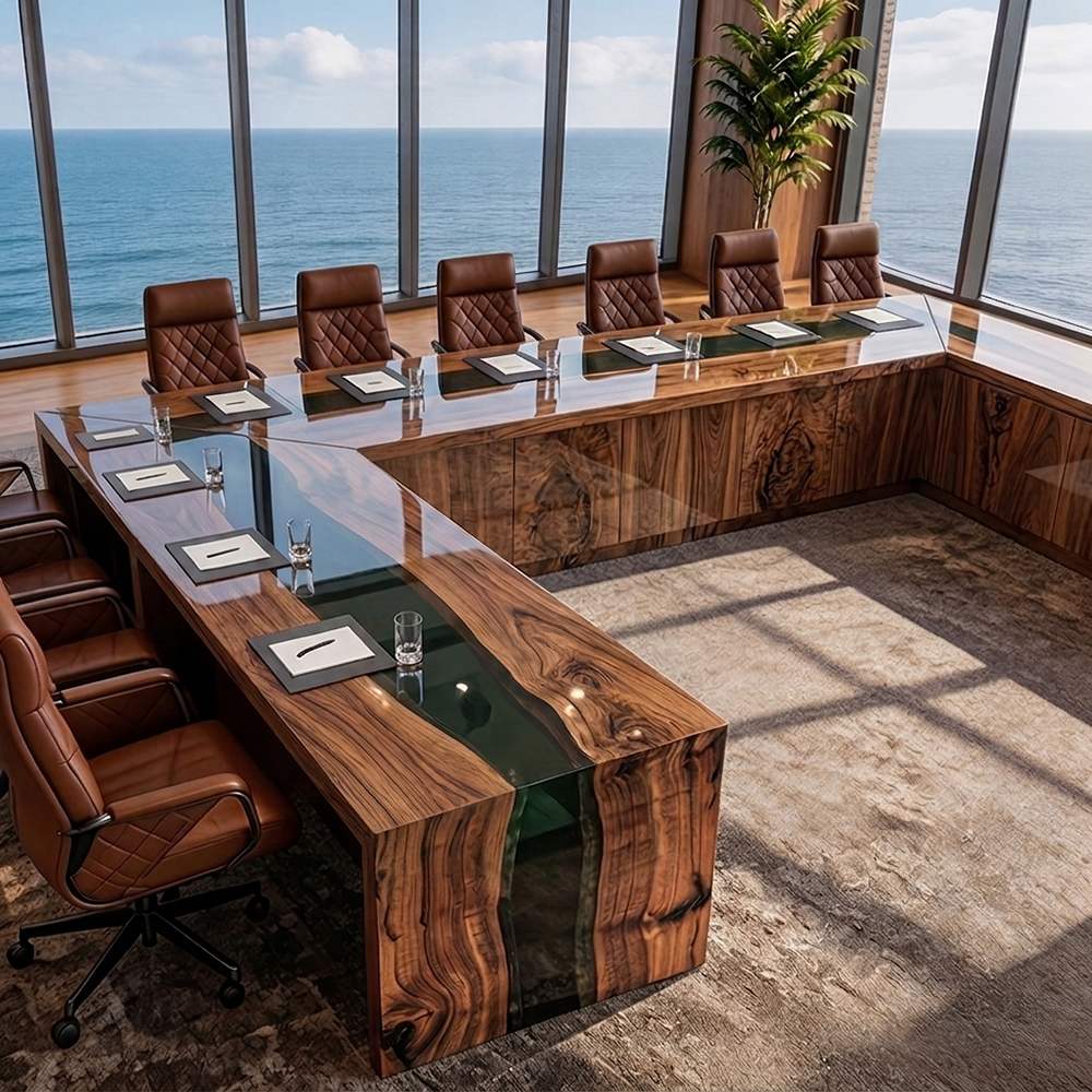 Custom black walnut U-shaped conference table with black epoxy resin in a luxury executive boardroom