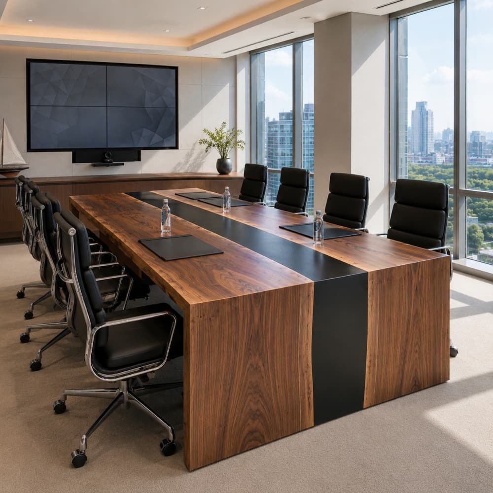 Side view detail highlighting the seamless waterfall edge craftsmanship of the black walnut wood transitioning smoothly from the table surface to the leg base