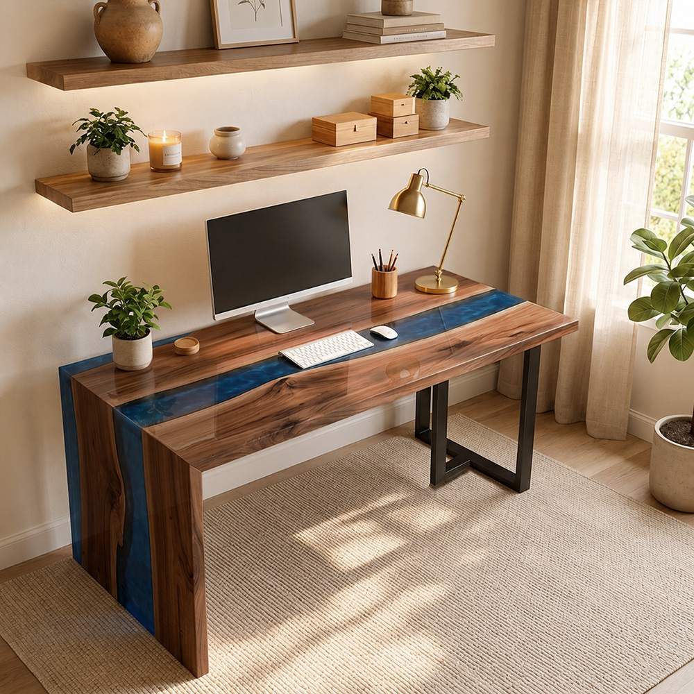 Black walnut waterfall home office desk with ocean blue resin inlay, natural wood grain, and a warm study room setting