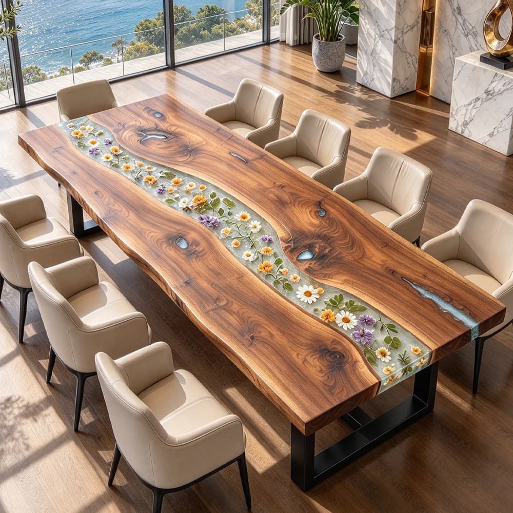 Black walnut dining table with translucent white epoxy river, blue resin inlays, and rich natural solid wood grain