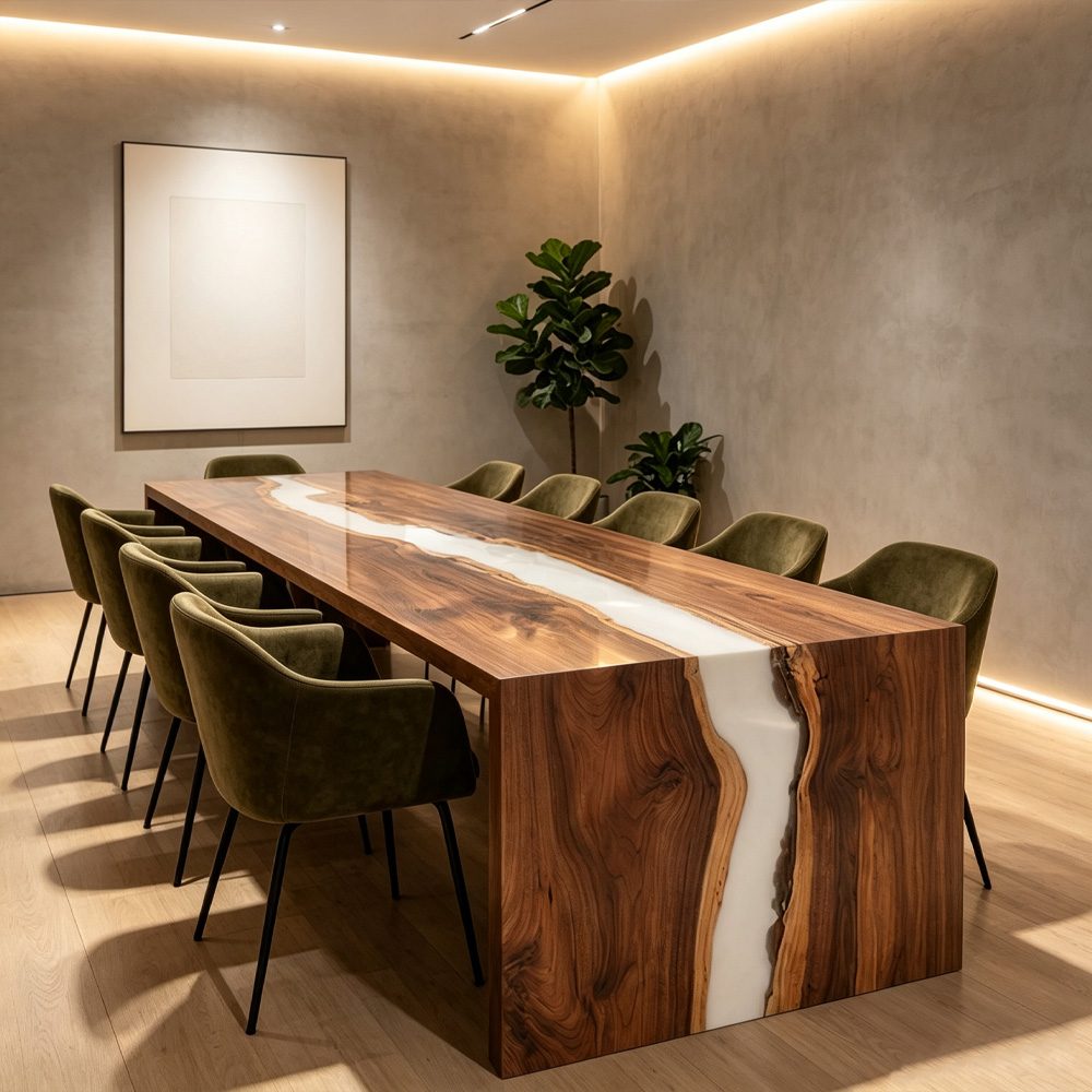 Black walnut white epoxy conference table with a square edge waterfall design in a modern executive boardroom