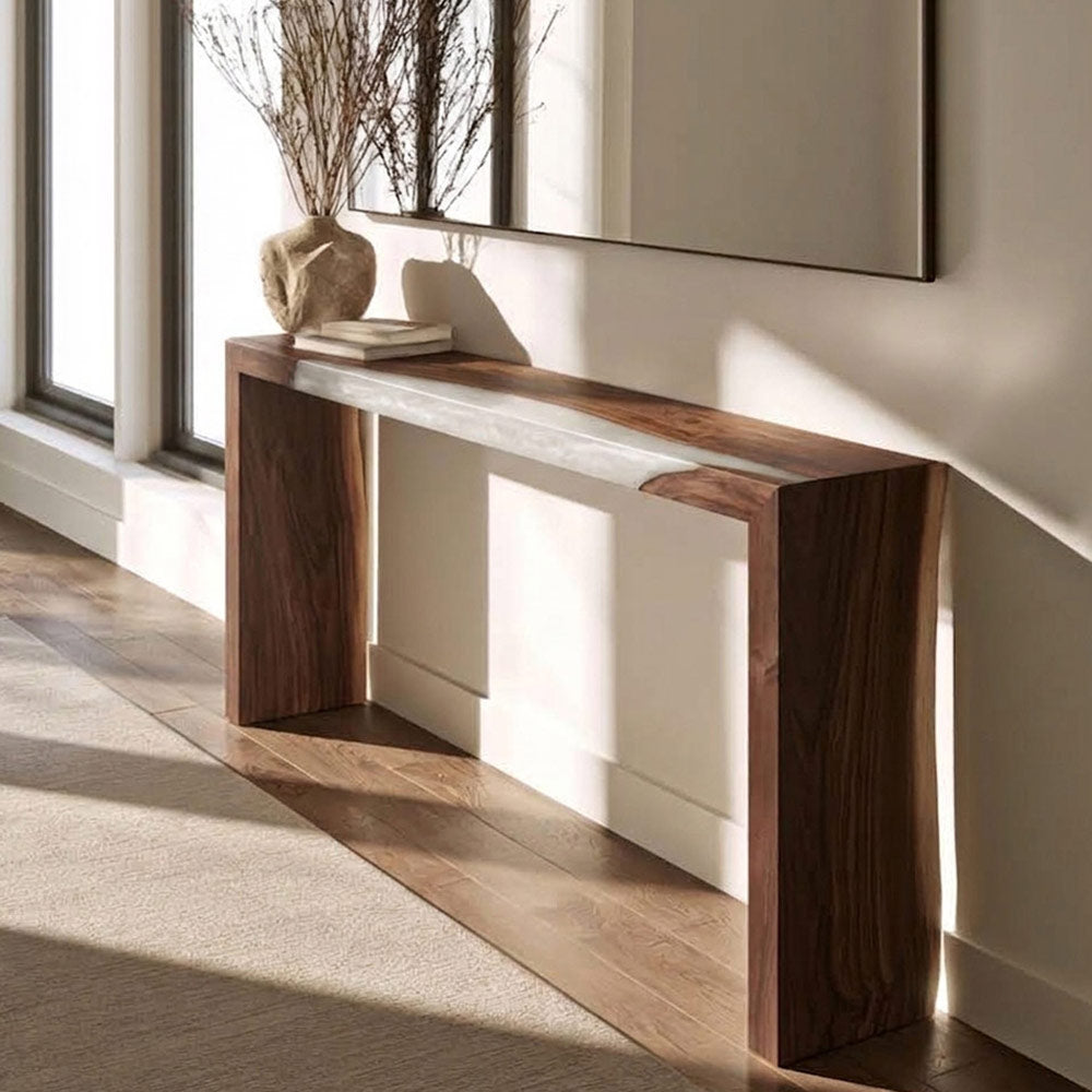 Black Walnut entryway table with white swirl epoxy and a slim modern profile