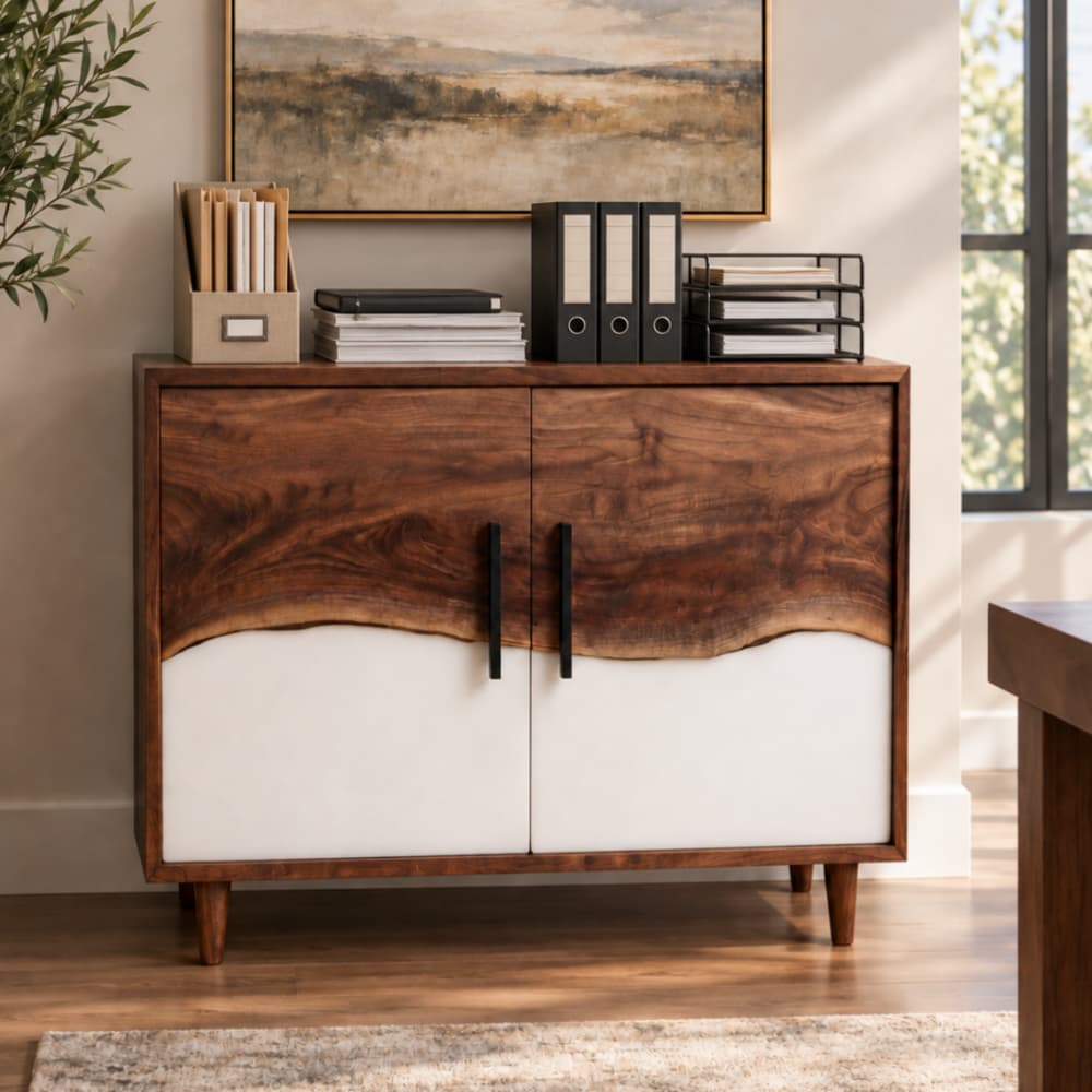 Black walnut and white epoxy resin 2-door office storage cabinet for a modern professional workspace