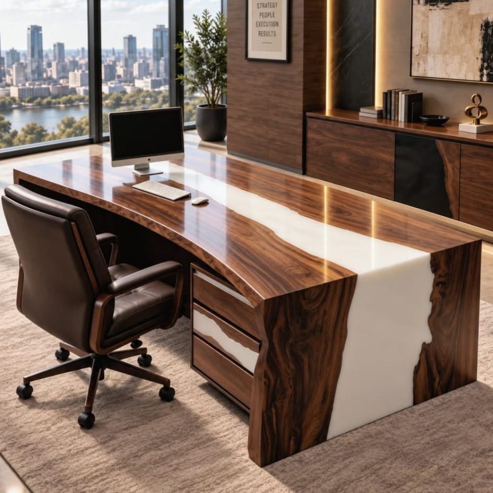 Glossy black walnut white epoxy resin waterfall executive desk in luxury high rise office