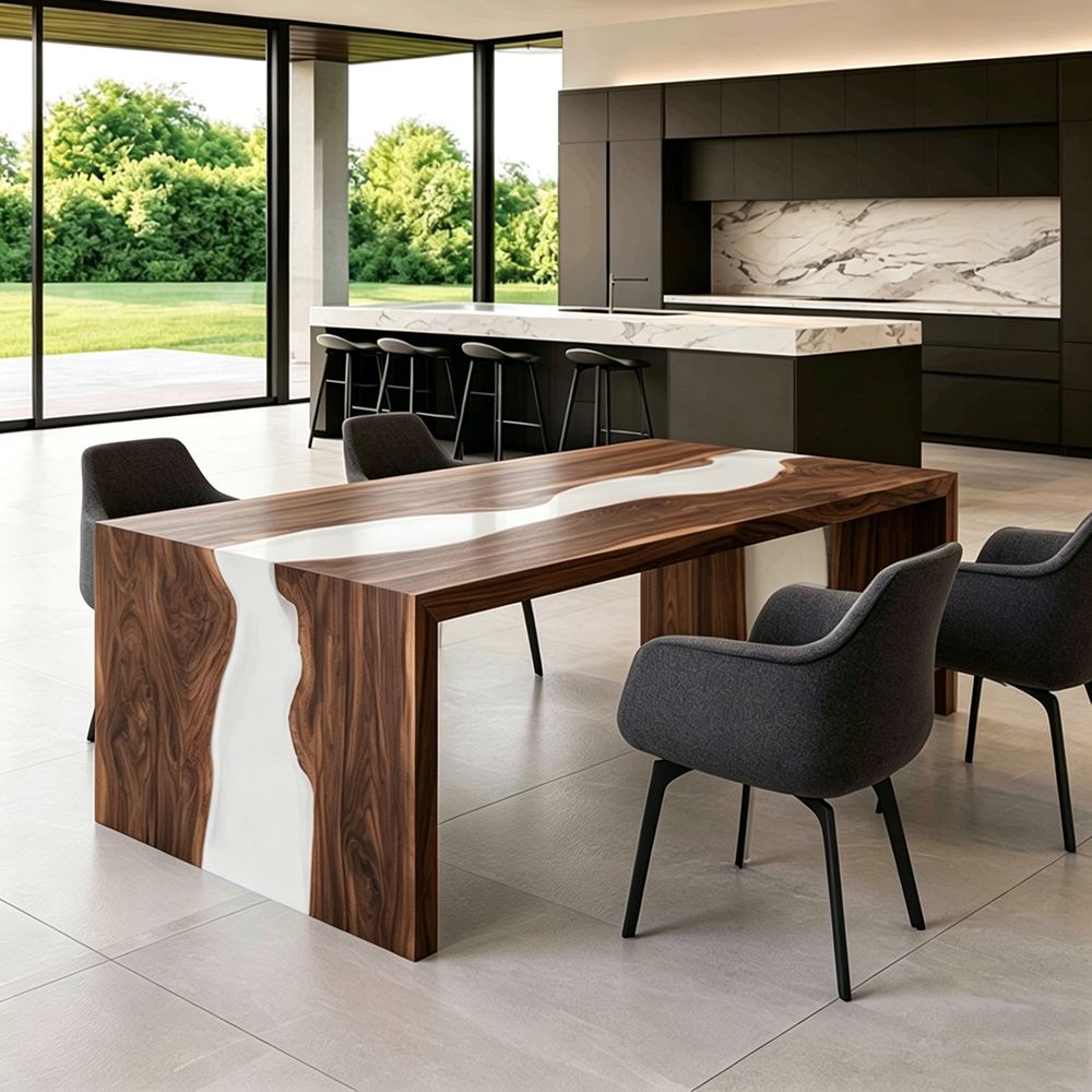 Solid walnut waterfall dining table featuring a smooth white resin centerpiece and handcrafted construction