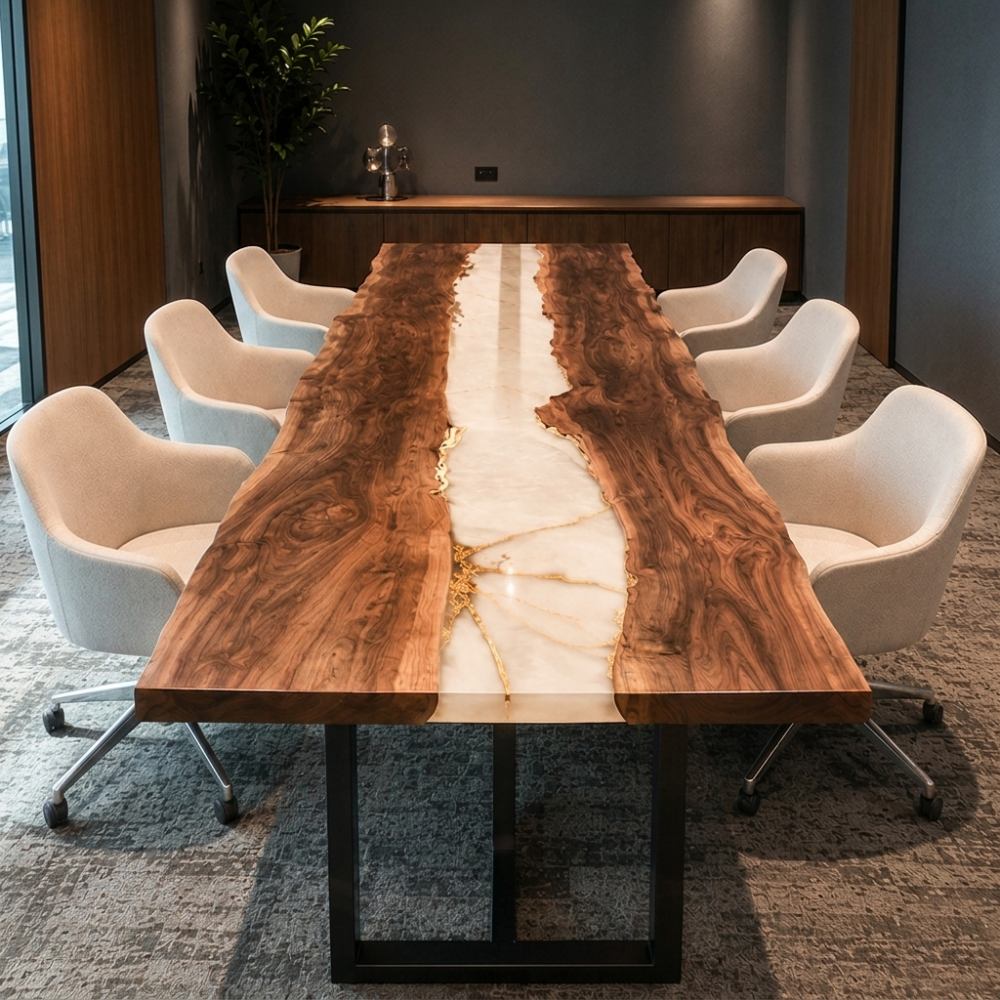 Live edge black walnut table with milky white gold crackle epoxy river, surrounded by light rolling fabric office chairs.