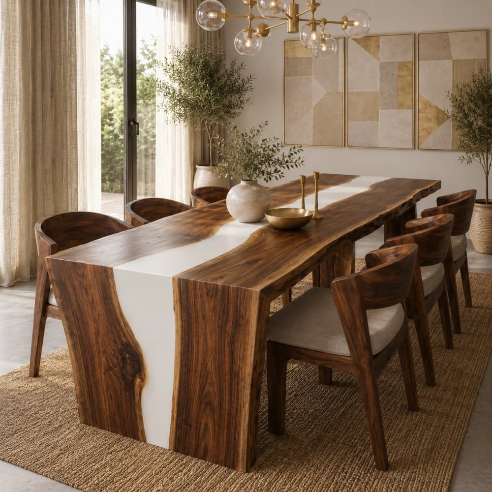 Black walnut pure white resin dining table with waterfall legs in a luxury dining room