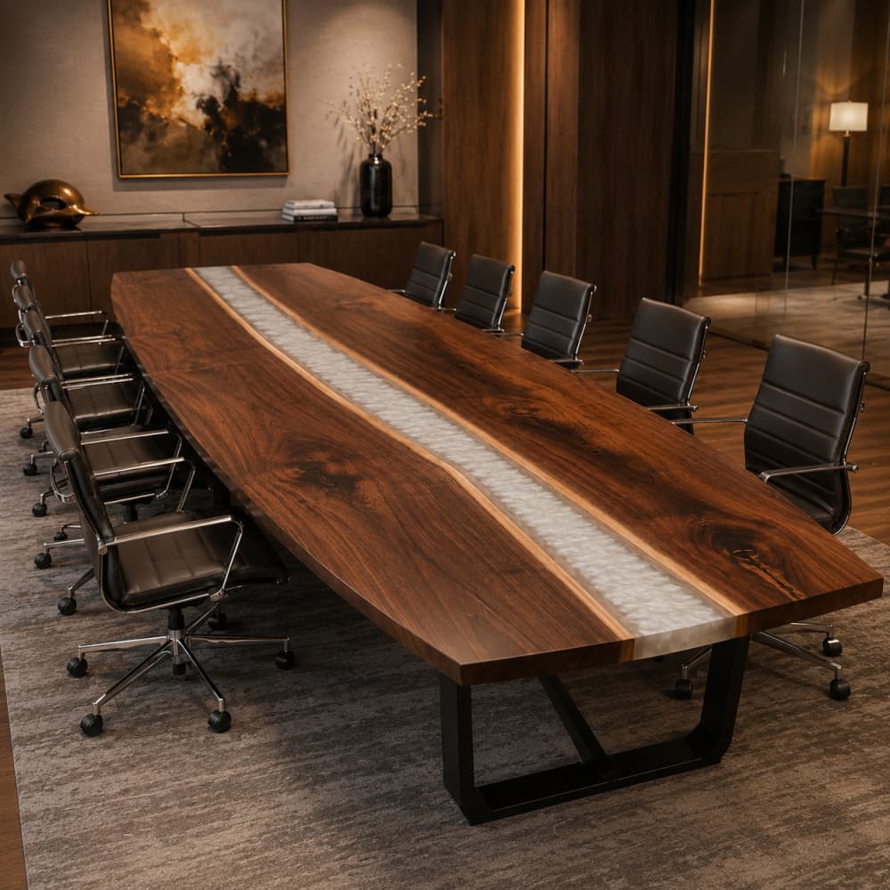 Custom black walnut white swirl epoxy conference table designed for executive boardrooms and modern office meeting spaces