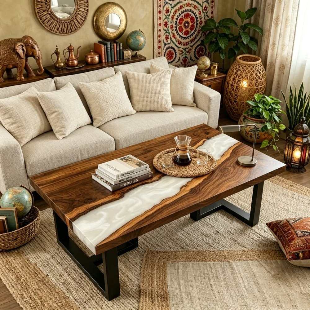 Black walnut coffee table with white swirl epoxy resin in a cozy living room