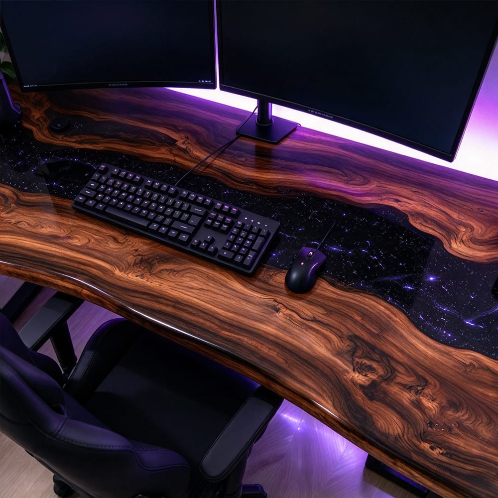 Rich black walnut wood grain with warm natural movement on a custom solid wood gaming and office desk.