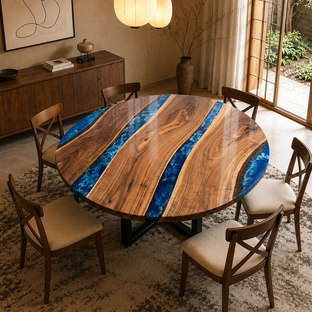 Warm modern round dining table with blue epoxy accents, rich walnut grain, and a sculptural central base