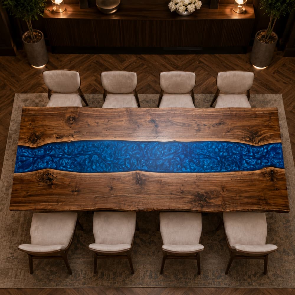 Large black walnut river banquet table with vivid blue resin detail