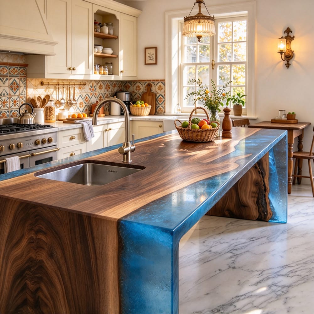 Close-up of translucent blue epoxy resin flowing between solid black walnut slabs on a kitchen island countertop.