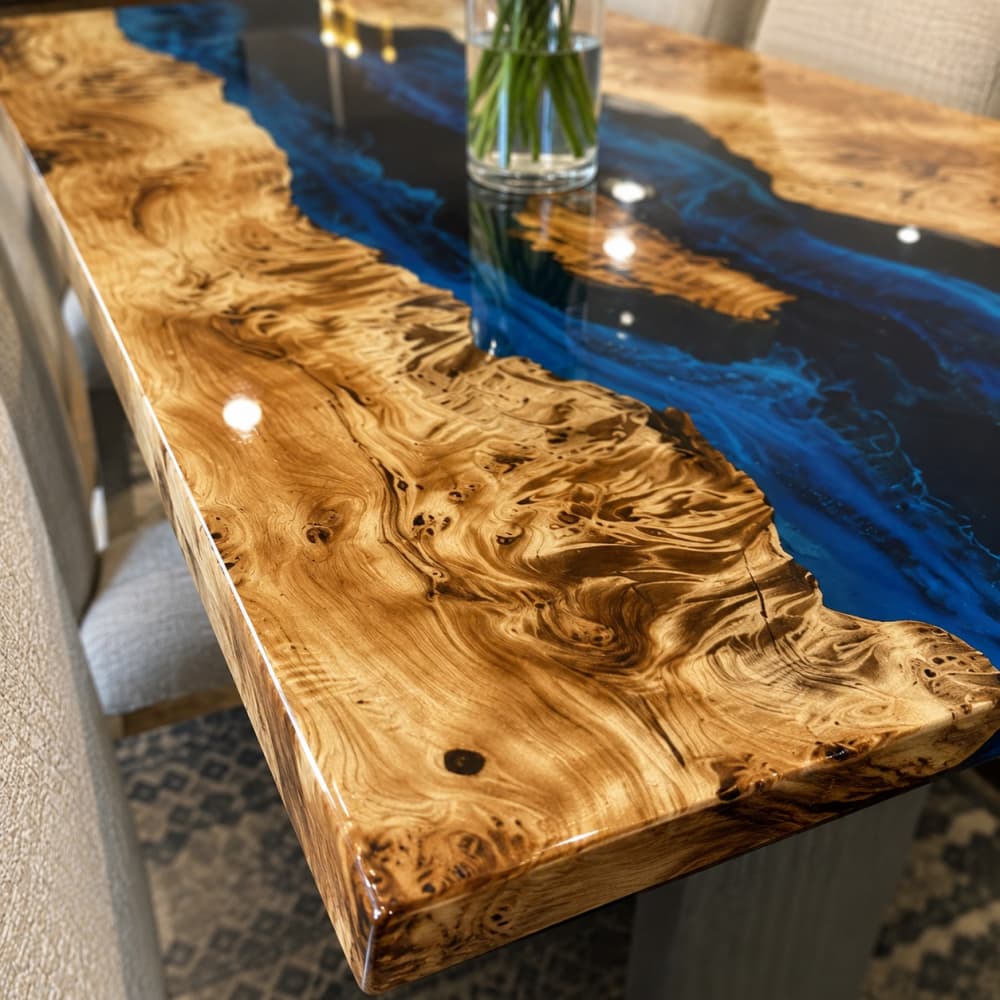 Custom burl wood river dining table with vibrant deep blue epoxy resin river, live edge solid wood kitchen dining table for family home by Luxcraftwood