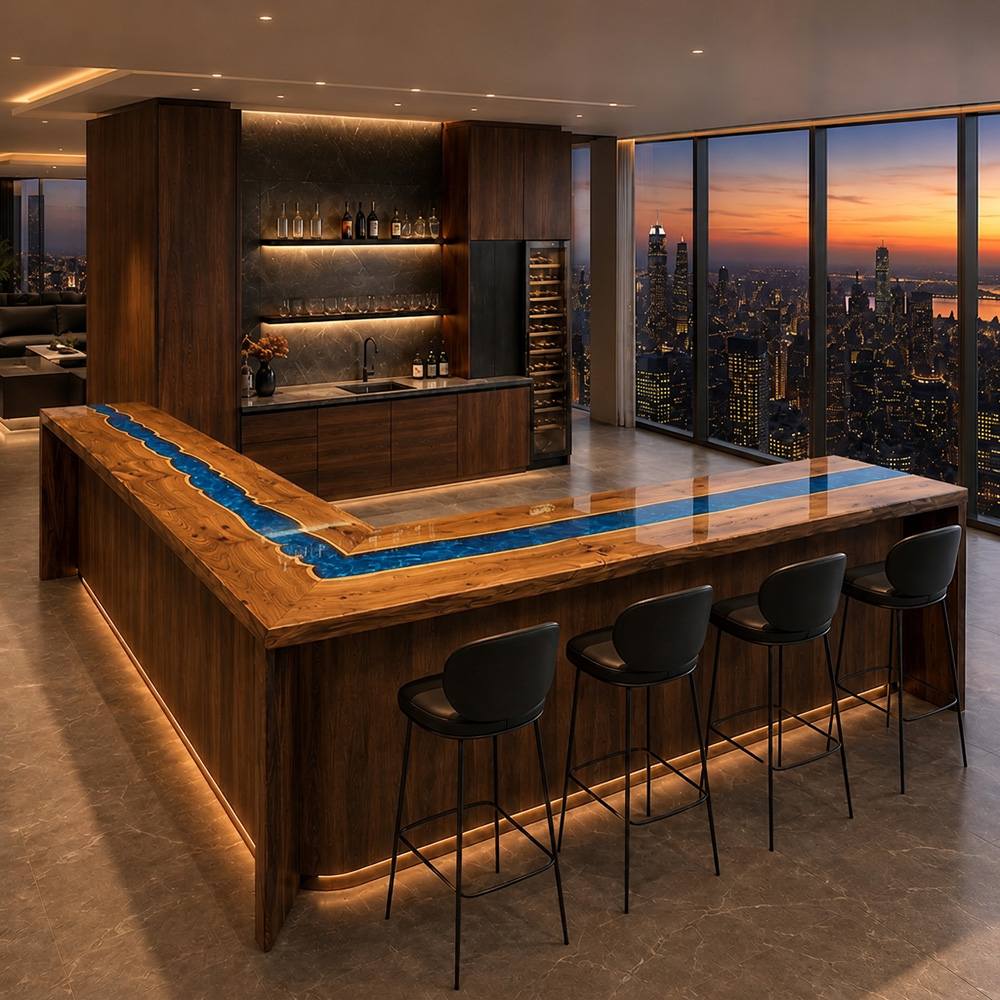 Blue epoxy walnut wraparound bar top for a private bar or lounge setting