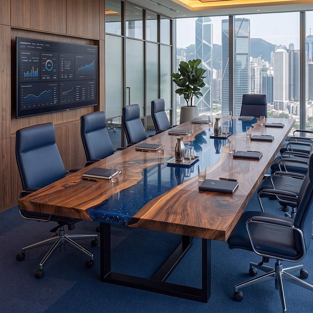 Modern executive boardroom with panoramic windows overlooking a sweeping city skyline, featuring an oversized wood resin desk