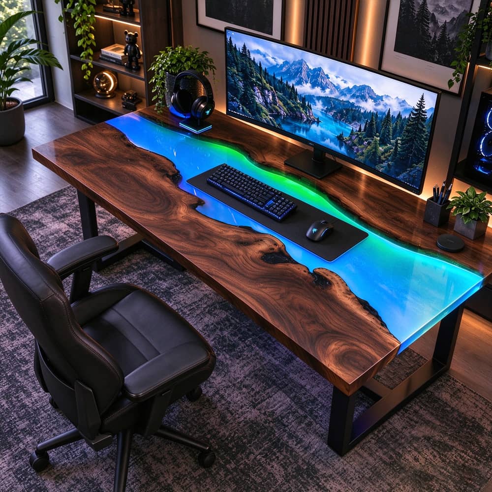 Close-up of vibrant blue and green epoxy resin flowing between natural black walnut slabs on a custom wood and resin computer desk.